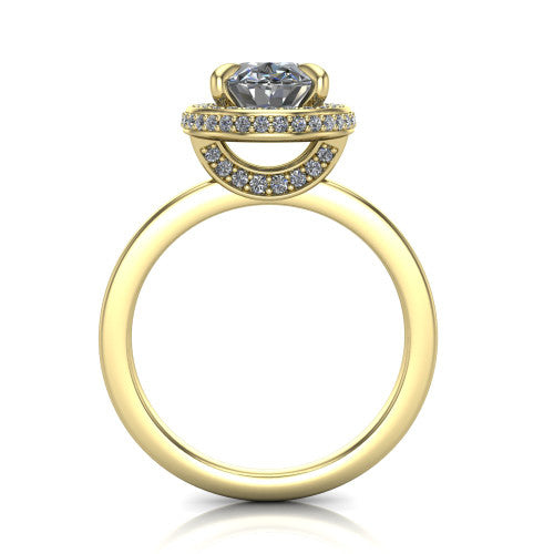 Angela oval halo engagement ring in 14K Yellow Gold, through-finger front profile showing the pave basket and polished band