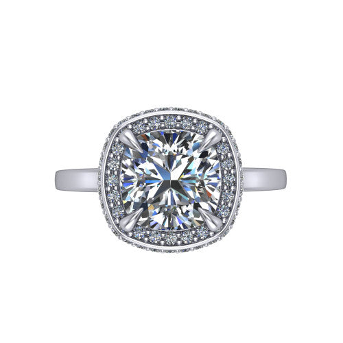 Angela cushion halo engagement ring in 18K White Gold, top-down view showing the cushion center diamond framed by a double-row halo