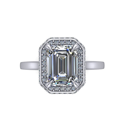 Angela emerald halo engagement ring in Platinum, top-down view showing the emerald center diamond framed by a double-row halo