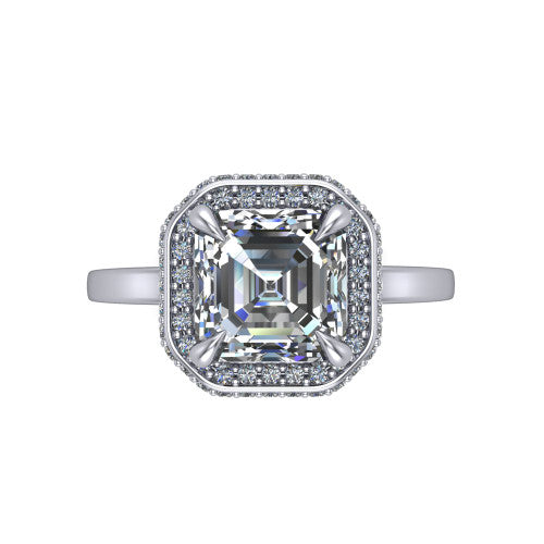 Angela square emerald halo engagement ring in 14K White Gold, top-down view showing the square emerald center diamond framed by a double-row halo