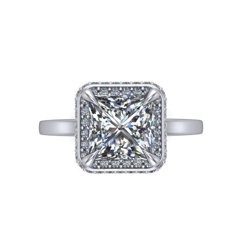 Angela princess halo engagement ring in 14K White Gold, top-down view showing the princess center diamond framed by a double-row halo
