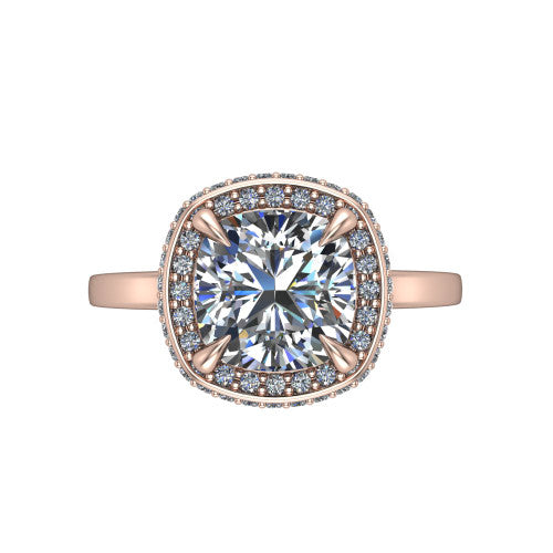 Angela cushion halo engagement ring in 18K Rose Gold, top-down view showing the cushion center diamond framed by a double-row halo