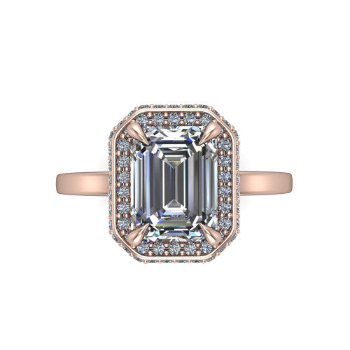 Angela emerald halo engagement ring in 14K Rose Gold, top-down view showing the emerald center diamond framed by a double-row halo