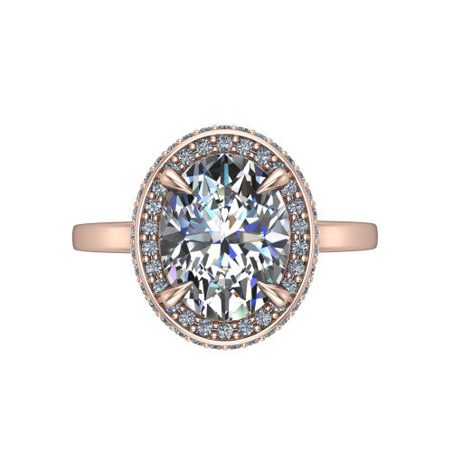 Angela oval halo engagement ring in 14K Rose Gold, top-down view showing the oval center diamond framed by a double-row halo