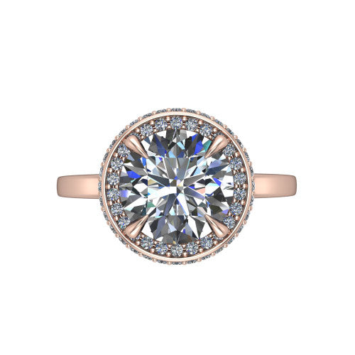 Angela round halo engagement ring in 18K Rose Gold, top-down view showing the round center diamond framed by a double-row halo