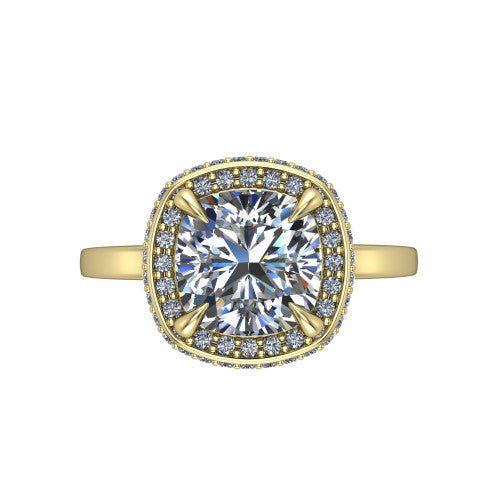 Angela cushion halo engagement ring in 18K Yellow Gold, top-down view showing the cushion center diamond framed by a double-row halo