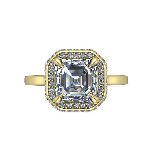 Angela square emerald halo engagement ring in 18K Yellow Gold, top-down view showing the square emerald center diamond framed by a double-row halo