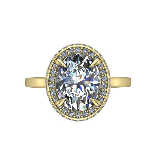 Angela oval halo engagement ring in 14K Yellow Gold, top-down view showing the oval center diamond framed by a double-row halo