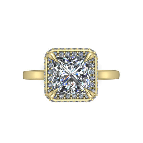 Angela princess halo engagement ring in 14K Yellow Gold, top-down view showing the princess center diamond framed by a double-row halo