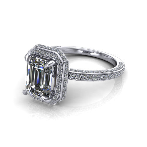 Malia emerald halo engagement ring in 14K White Gold, three-quarter perspective showing the emerald center diamond in a pave halo above a pave band