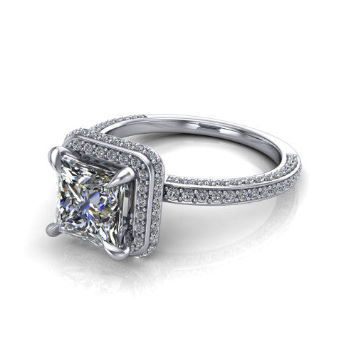 Malia princess halo engagement ring in Platinum, three-quarter perspective showing the princess center diamond in a pave halo above a pave band