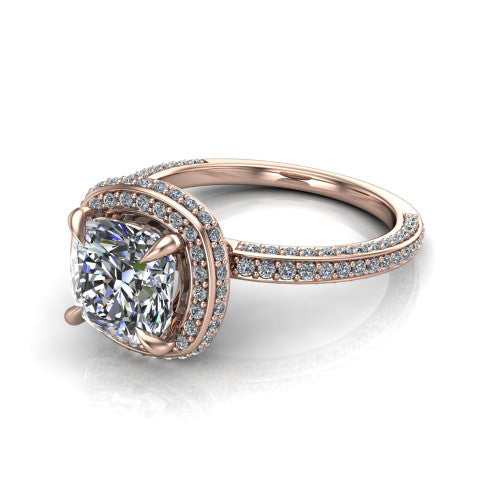 Malia cushion halo engagement ring in 14K Rose Gold, three-quarter perspective showing the cushion center diamond in a pave halo above a pave band
