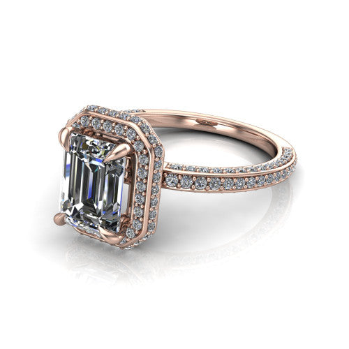 Malia emerald halo engagement ring in 14K Rose Gold, three-quarter perspective showing the emerald center diamond in a pave halo above a pave band
