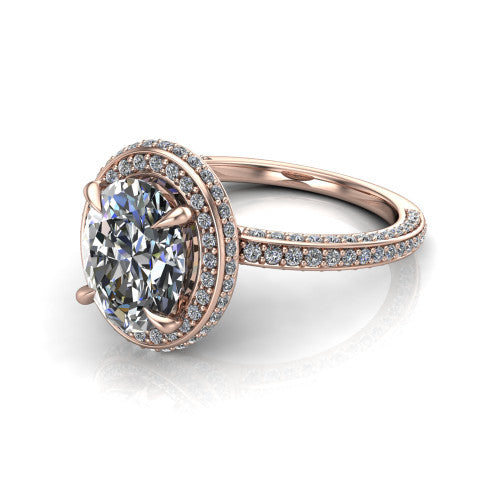 Malia oval halo engagement ring in 14K Rose Gold, three-quarter perspective showing the oval center diamond in a pave halo above a pave band