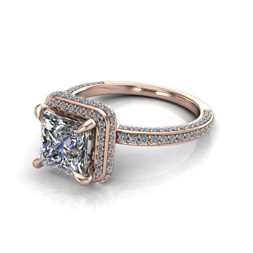 Malia princess halo engagement ring in 18K Rose Gold, three-quarter perspective showing the princess center diamond in a pave halo above a pave band