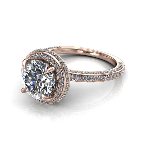 Malia round halo engagement ring in 18K Rose Gold, three-quarter perspective showing the round center diamond in a pave halo above a pave band