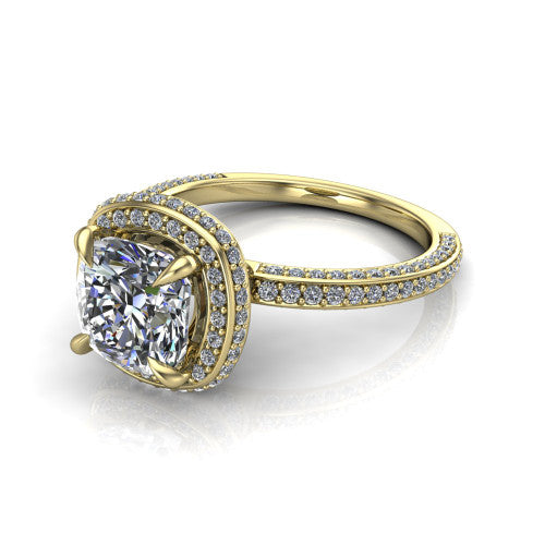 Malia cushion halo engagement ring in 18K Yellow Gold, three-quarter perspective showing the cushion center diamond in a pave halo above a pave band