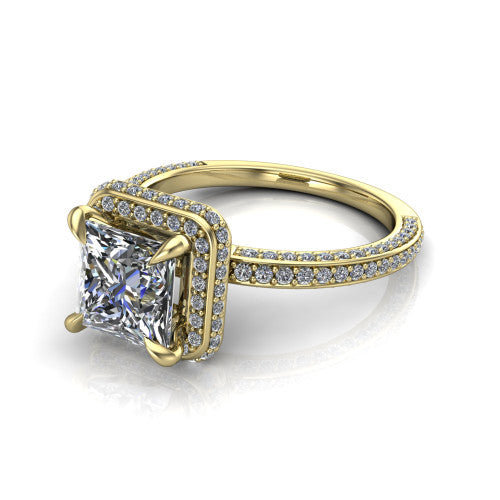 Malia princess halo engagement ring in 14K Yellow Gold, three-quarter perspective showing the princess center diamond in a pave halo above a pave band