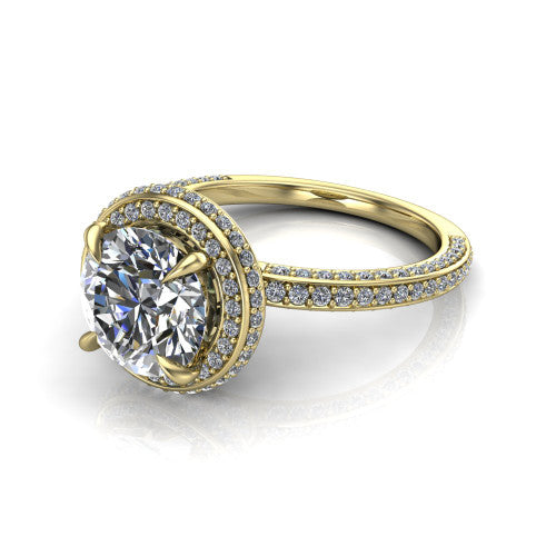 Malia round halo engagement ring in 18K Yellow Gold, three-quarter perspective showing the round center diamond in a pave halo above a pave band