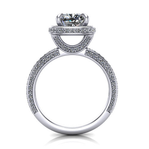 Malia cushion halo engagement ring in 14K White Gold, through-finger front profile showing the hidden halo and pave band