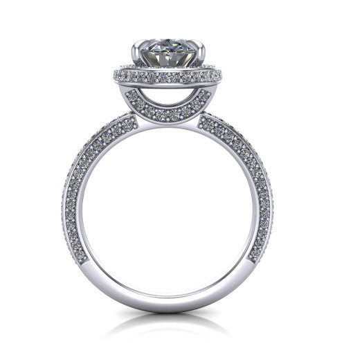 Malia oval halo engagement ring in 18K White Gold, through-finger front profile showing the hidden halo and pave band