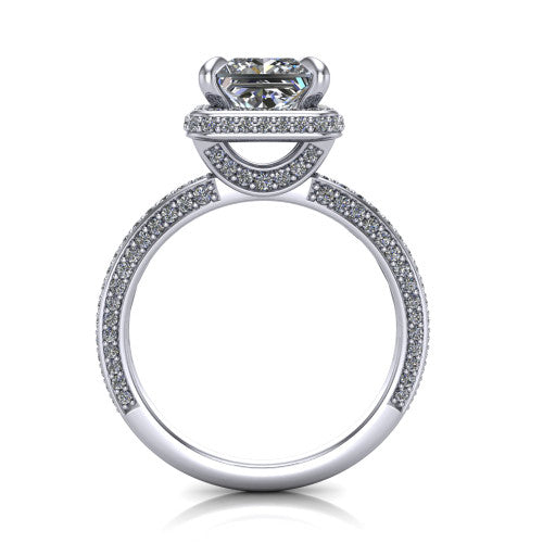 Malia princess halo engagement ring in 18K White Gold, through-finger front profile showing the hidden halo and pave band