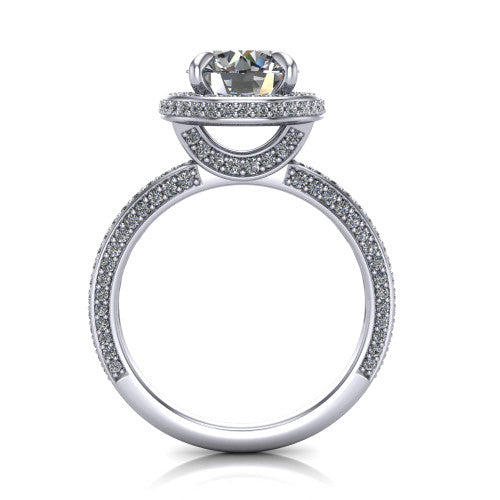 Malia round halo engagement ring in 14K White Gold, through-finger front profile showing the hidden halo and pave band