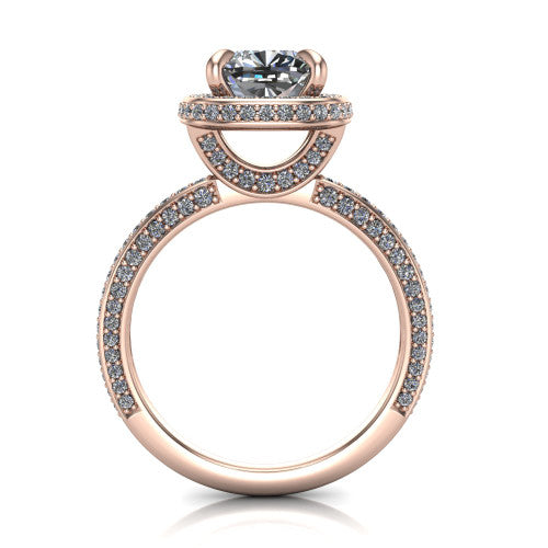 Malia cushion halo engagement ring in 18K Rose Gold, through-finger front profile showing the hidden halo and pave band