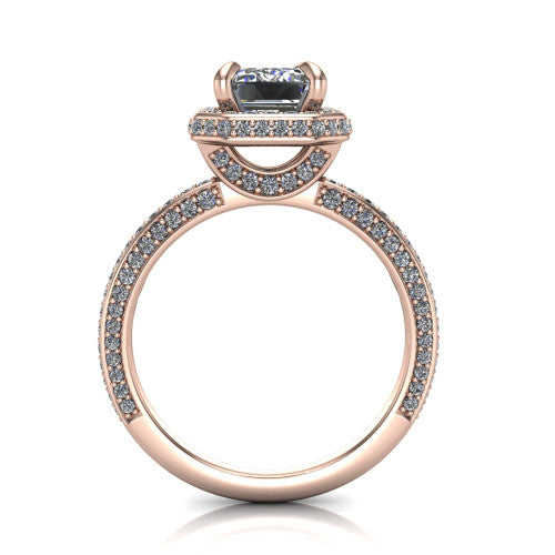 Malia emerald halo engagement ring in 14K Rose Gold, through-finger front profile showing the hidden halo and pave band