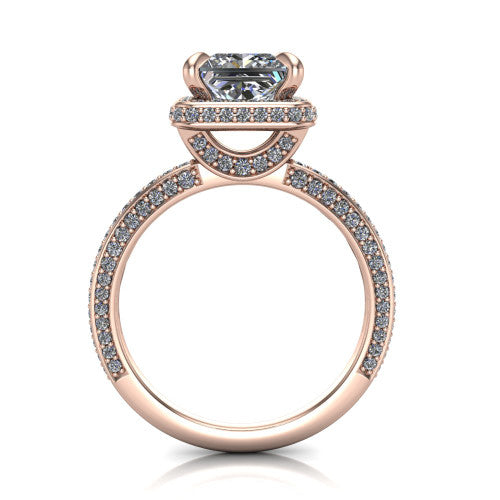 Malia princess halo engagement ring in 14K Rose Gold, through-finger front profile showing the hidden halo and pave band