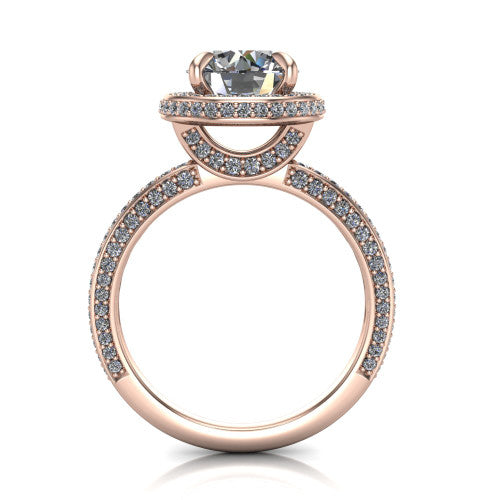Malia round halo engagement ring in 18K Rose Gold, through-finger front profile showing the hidden halo and pave band