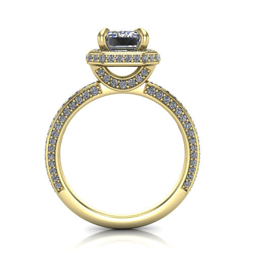 Malia emerald halo engagement ring in 14K Yellow Gold, through-finger front profile showing the hidden halo and pave band