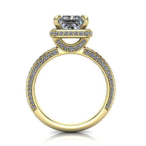 Malia princess halo engagement ring in 18K Yellow Gold, through-finger front profile showing the hidden halo and pave band