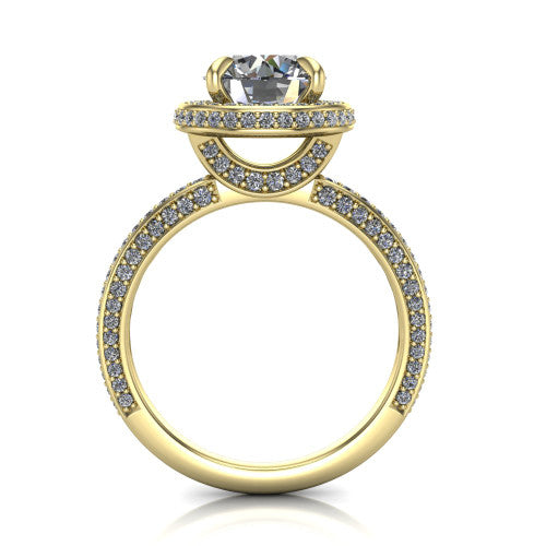 Malia round halo engagement ring in 18K Yellow Gold, through-finger front profile showing the hidden halo and pave band