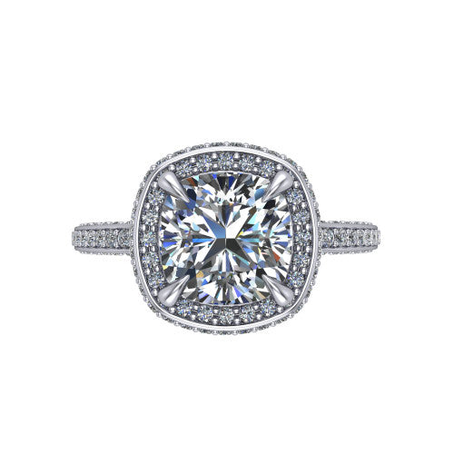 Malia cushion halo engagement ring in 18K White Gold, top-down view showing the cushion center diamond framed by a pave halo