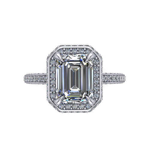Malia emerald halo engagement ring in 14K White Gold, top-down view showing the emerald center diamond framed by a pave halo