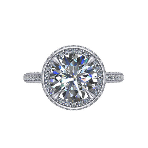 Malia round halo engagement ring in 18K White Gold, top-down view showing the round center diamond framed by a pave halo