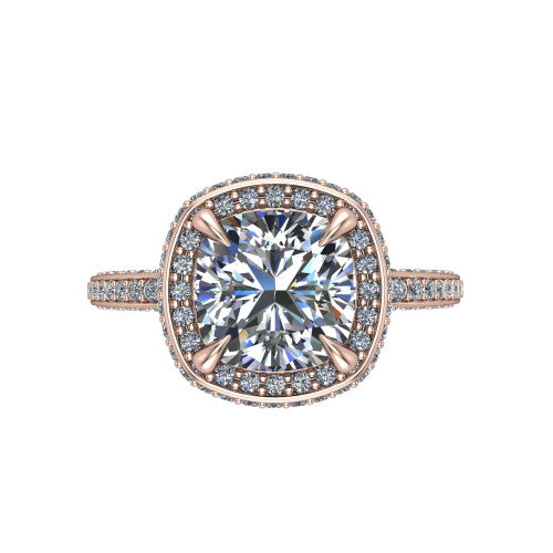 Malia cushion halo engagement ring in 14K Rose Gold, top-down view showing the cushion center diamond framed by a pave halo