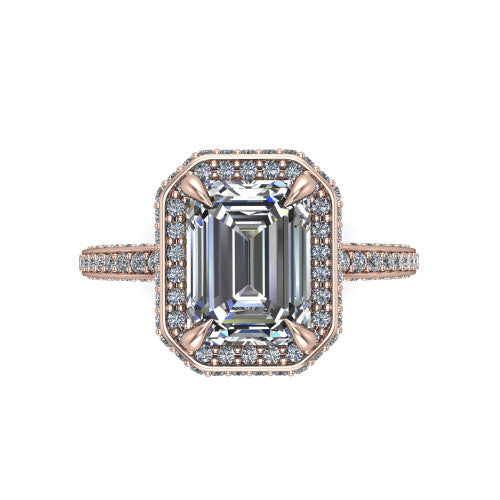 Malia emerald halo engagement ring in 14K Rose Gold, top-down view showing the emerald center diamond framed by a pave halo
