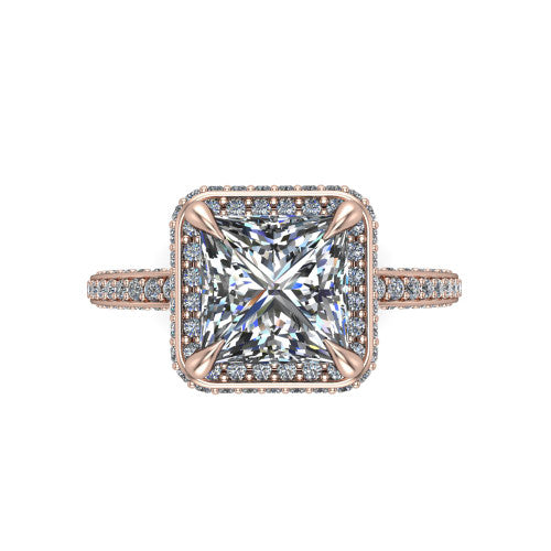 Malia princess halo engagement ring in 18K Rose Gold, top-down view showing the princess center diamond framed by a pave halo