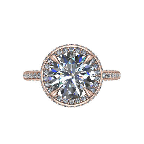 Malia round halo engagement ring in 18K Rose Gold, top-down view showing the round center diamond framed by a pave halo