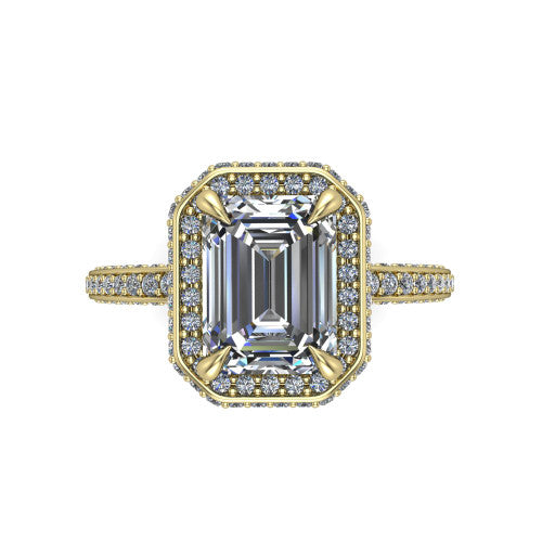Malia emerald halo engagement ring in 18K Yellow Gold, top-down view showing the emerald center diamond framed by a pave halo