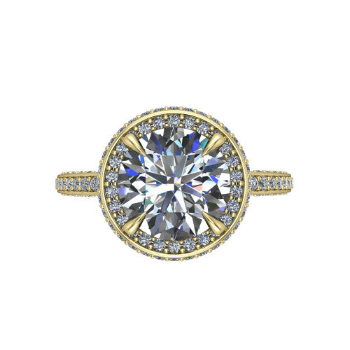 Malia round halo engagement ring in 18K Yellow Gold, top-down view showing the round center diamond framed by a pave halo