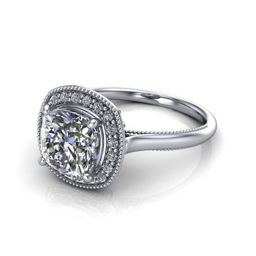 Lilly cushion halo engagement ring in 18K White Gold, three-quarter perspective showing the cushion center diamond in a milgrain pave halo above a milgrain band