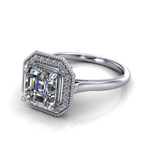 Lilly square emerald-cut halo engagement ring in 14K White Gold, three-quarter perspective showing the square emerald-cut center diamond in a milgrain pave halo above a milgrain band