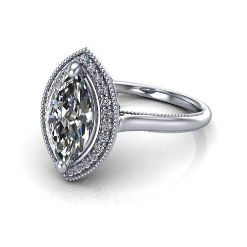 Lilly marquise halo engagement ring in 18K White Gold, three-quarter perspective showing the marquise center diamond in a milgrain pave halo above a milgrain band