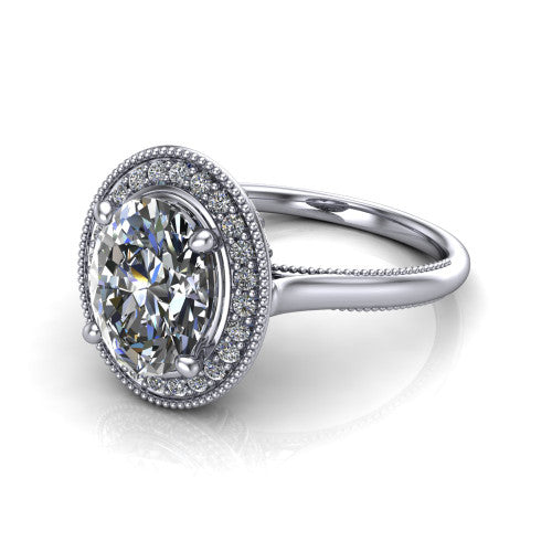 Lilly oval halo engagement ring in 14K White Gold, three-quarter perspective showing the oval center diamond in a milgrain pave halo above a milgrain band