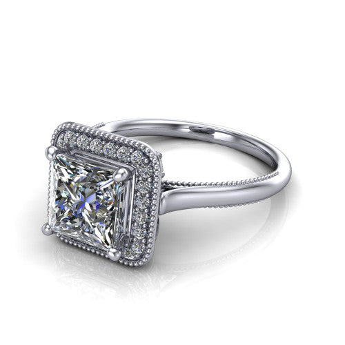 Lilly princess-cut halo engagement ring in 14K White Gold, three-quarter perspective showing the princess-cut center diamond in a milgrain pave halo above a milgrain band