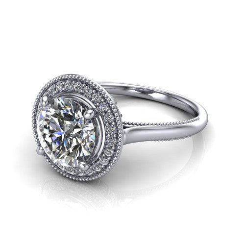 Lilly round halo engagement ring in 18K White Gold, three-quarter perspective showing the round center diamond in a milgrain pave halo above a milgrain band