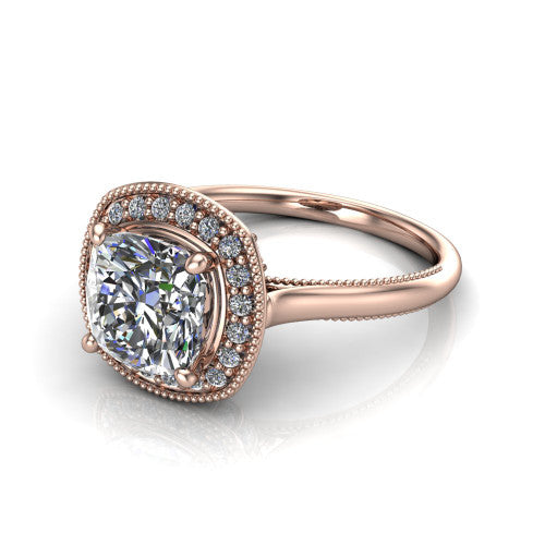 Lilly cushion halo engagement ring in 18K Rose Gold, three-quarter perspective showing the cushion center diamond in a milgrain pave halo above a milgrain band